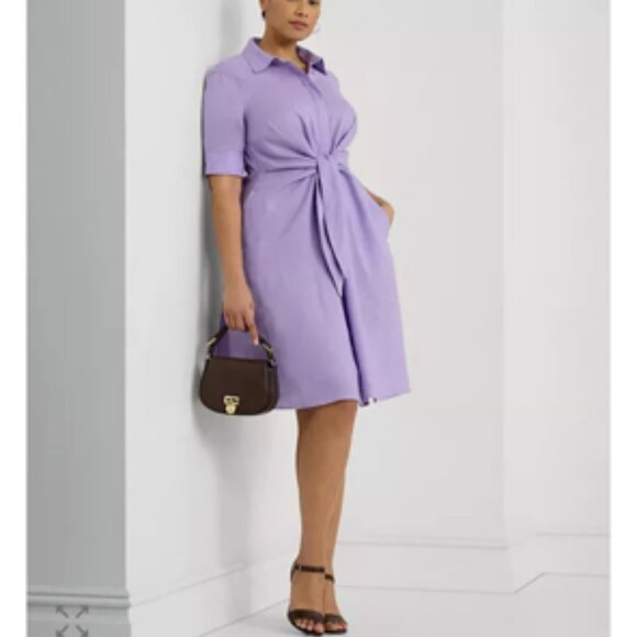 Lauren Ralph Lauren 100%  Linen Tie Waist Shirtdress Midi Lavender Plus Size 18 - Picture 1 of 9